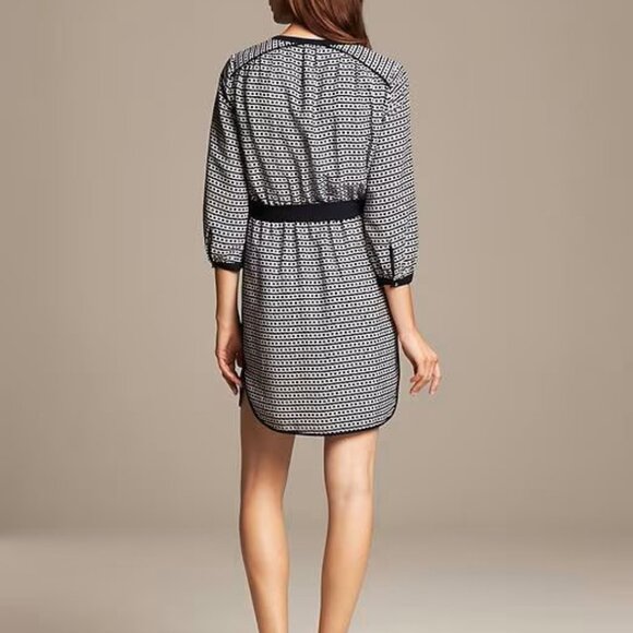 Banana Republic Dot Print Riviera Dress Size 0P Petite Shirt Dress Black Cream - Picture 10 of 10